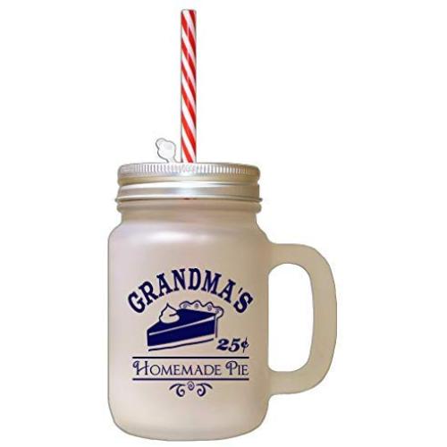 Navy GrandmaS Homeamade Pe 25 Cents Frosted Glass Mason Jar With Straw