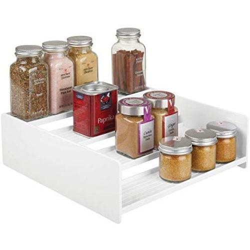 mDesign Plastic Kitchen Spice Bottle Rack Holder, Food Storage Organizer for Cabinet, Cupboard, Pantry, Shelf - Holds Spices, Mason Jars, Baking Supplies, Canned Food - 4 Level Storage - White