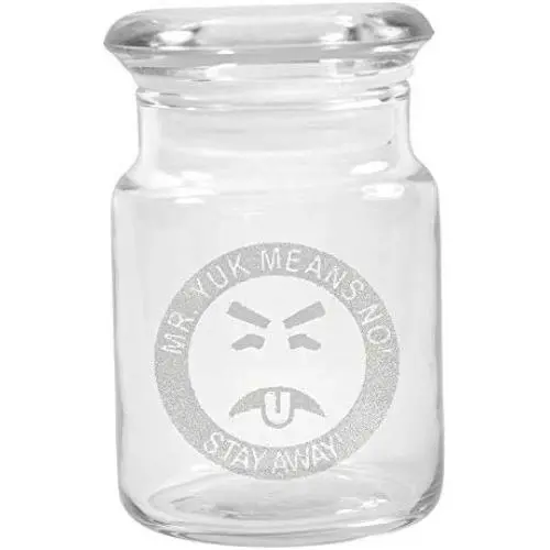 Bocal à Herbes en Verre Transparent avec Couvercle 4,5 oz avec Logo Mr Yuk de Smoke Promos Bocal à Herbes en Verre Transparent avec Couvercle 4,5 oz avec Logo Mr Yuk de Smoke Promos