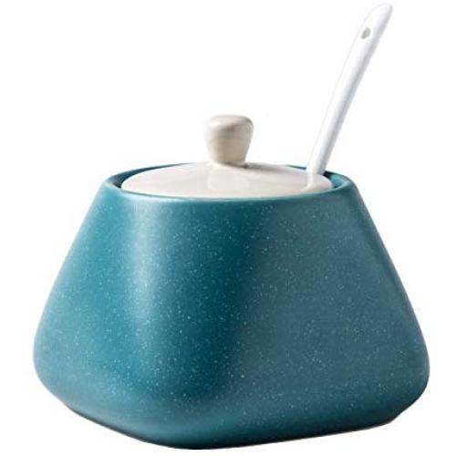 Simplicity Pure Color Ceramic Sugar Bowl Set Sugar Dispenser with Lid and Spoon Salt Pot Pepper Storage Jar Seasoning Pot Container Sugar Box Condiment Spice Racks Holder for Kitchen, Blue