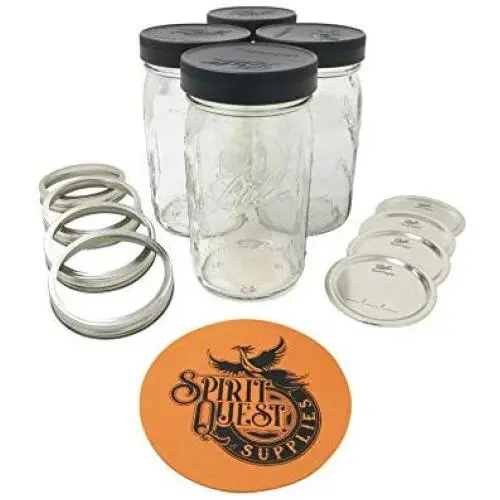 Ball Quart Mason Jars with Storage Lids and Jar Opener - Bundle Pack of 4 32 oz Wide Mouth Jars, 4 Ball Leak-Proof Storage Lids, and 1 Spirit Quest Supplies Large Jar Opener