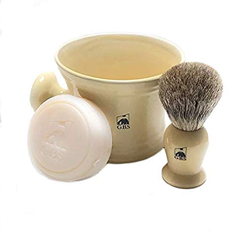 GBS Mens Wet Shaving Set Ivory -3 Piece set - Pure Badger Hair Shaving Brush, Ceramic Mug and 97% All Natural Shave Soap Compliments any Shaving Razor For The Best Shave Great Gift Men