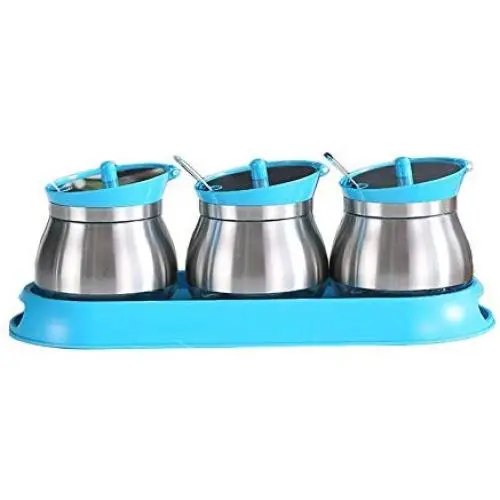 Glas Gewürzbehälter Set He Yan Long, Essensbehälter, Küchenzubehör, Aufbewahrungsgläser, Edelstahl, Kleine Idee, Gewürzgläser (Farbe: Blau)