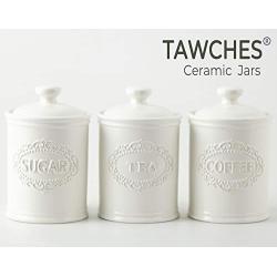 Canisters Sets for the Kitchen, Safer and Healthier Ceramic Kitchen Canisters set of 3 for Saving Coffee Tea Sugar Jars with Airtight Lids White Canister Food Storage jars TAWCHES TC001(A White 3pcs)