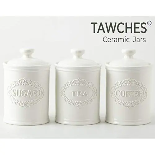 Keramik-Behälter-Set für die Küche, 3-teilig, sicherer und gesünder – für Kaffee, Tee, Zucker, mit luftdichten Deckeln, weiß, TAWCHES TC001 (A Weiß 3 Stück)