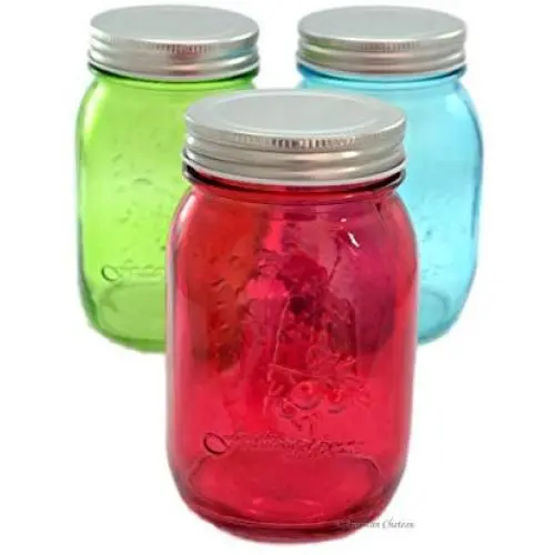 Set 3 Vintage Assorted Color Glass Food Storage Jam Canning Mason Jars with Lids