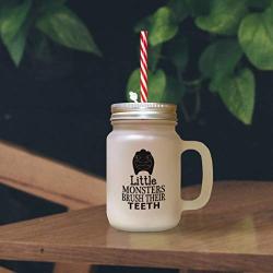 Brown Little Monsters Brush Their Teeth Frosted Glass Mason Jar With Straw