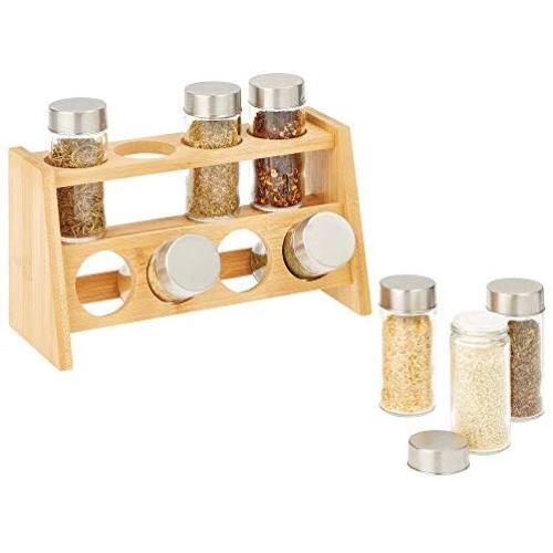 mDesign Bamboo Kitchen Cabinet, Pantry, Shelf Organizer Spice Rack - 2 Level Storage, Eco-Friendly, Multipurpose, Includes 8 Glass Jars - Natural Light Wood