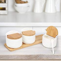 Porcelain Condiment Jars Set of 3 Ceramic Seasoning Jar Bowl Spice Sugar Container Storage Organizer with Bamboo Cap Holder & Ceramic Spoon for Kitchen Home Coffee