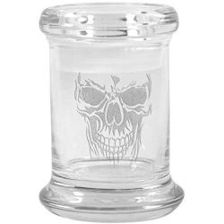 Clear Glass Herb Stash Jar and Lid 2.75 oz with Skull Face Logo from Smoke Promos