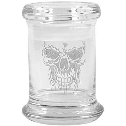 Clear Glass Herb Stash Jar and Lid 2.75 oz with Skull Face Logo from Smoke Promos