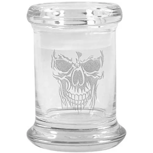 Clear Glass Herb Stash Jar and Lid 2.75 oz with Skull Face Logo from Smoke Promos