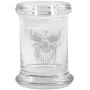 Clear Glass Herb Stash Jar and Lid 2.75 oz with Skull Face Logo from Smoke Promos