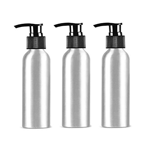 3Pcs 150ml/5oz Aluminum Lotion Pump Bottle with Black PP Pump Head Empty Refillable Cosmetic Sample Dispenser Container Jar for Makeup Cream Emulsion Bath Shower Gel Shampoo Toiletries