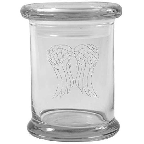 Clear 8 oz Glass Herb Stash Jar and Lid with Angel Wings Logo from Smoke Promos