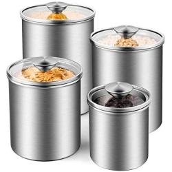 Deppon Airtight Canister Set, 4-Piece Stainless Steel Food Storage Container with Tempered Glass Lids for Kitchen Counter Coffee Tea Nuts Sugar Flour