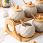 Ceramic Condiment Jar Set, Retro Spice Jars With Bamboo Lids Spoons Wooden Tray For Home Food Storage-a