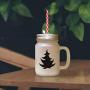 Brown Christmas Tree #4 Frosted Glass Mason Jar With Straw