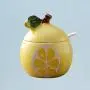 Fruit Shaped Ceramic Sugar Bowl Salt Pot Pepper Storage Jar Seasoning Pot Container Condiment Spice Box Holder with Lid and Spoon (Lemon Pomelo)