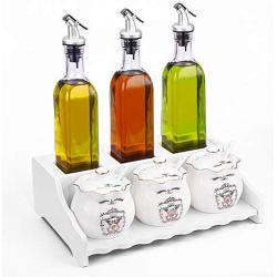 Porcelain Ceramic Seasoning Box Set Include 3 Storage Container Condiment Jars with lid and spoon,3 Oil and Vinegar Dispenser and 1 PVC Spice Rack