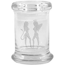 Clear Glass Herb Stash Jar with Lid 2.75 oz with Angel And Devil Silhouette from Smoke Promos