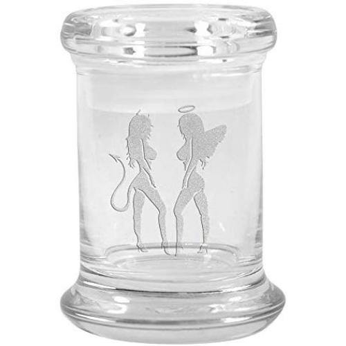 Clear Glass Herb Stash Jar with Lid 2.75 oz with Angel And Devil Silhouette from Smoke Promos