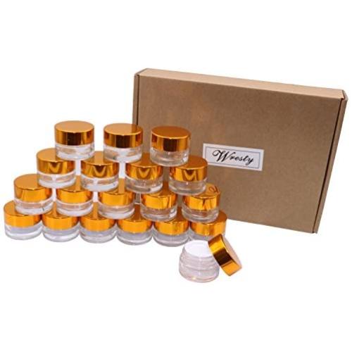 Wresty 19 Stück Klare Glas Kosmetikbehälter, 5g Runder Wiederbefüllbarer Kosmetikcreme-Topf-Behälter, Leere Make-up-Lippenstift-Lotion-Augencreme-Probeflaschen mit Golddeckeln
