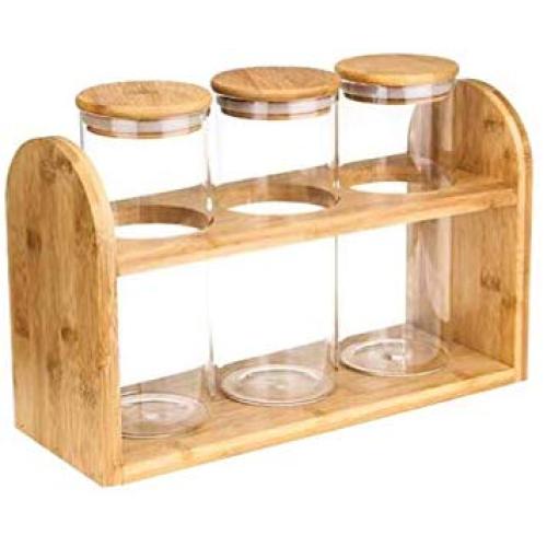 UPKOCH 3pcs Glass Jar with Airtight Seal Wood Lid Clear Candy Jar with Rack Food Storage Canister for Serving Tea Coffee Spice Sugar Salt