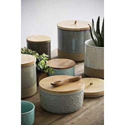 Creative Co-Op DA8248 Grey Stoneware Canister with Wood Lid & Leather Loop