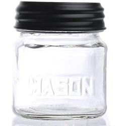 Factory Direct Craft Group of 4 Short Thick Glass Mason Jar with Embossed Mason on Front and Black Metal Lid for Crafting, Storage, and Designing