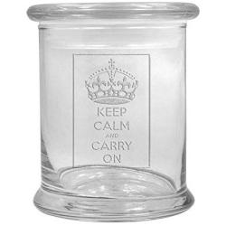 12 oz Clear Glass storage Herb Stash Jar and Lid with Keep Calm and Carry On Logo