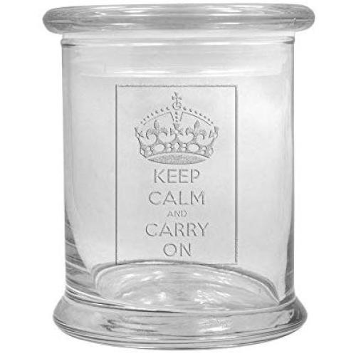 12 oz Clear Glass storage Herb Stash Jar and Lid with Keep Calm and Carry On Logo