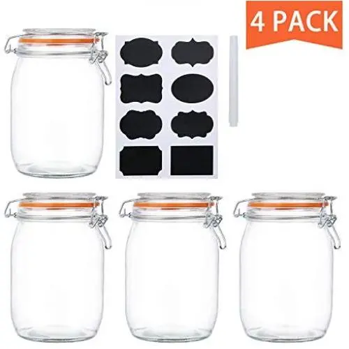 Bouteilles en verre Encheng 32 oz avec couvercles étanches et joint en caoutchouc étanche, Bouteilles en verre à large goulot avec couvercles rabattables pour contenants de cuisine 1000ml, Contenants de stockage en verre 4 pièces Bouteilles en verre Encheng 32 oz avec couvercles étanches et joint en caoutchouc étanche, Bouteilles en verre à large goulot avec couvercles rabattables pour contenants de cuisine 1000ml, Contenants de stockage en verre 4 pièces