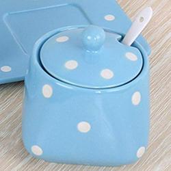 Ceramic Dot Sugar Bowl Set Sugar Dispenser Salt Pot Pepper Storage Jar Seasoning Pot Container Sugar Box Condiment Spice Holder with Lid and Spoon for Home Kitchen, Blue