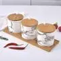Ensemble de 3 Pots Céramiques Scandinave Moderne Style Citron, Contenants à Condiments en Porcelaine, Pots à Épices avec Couvercles et Cuillère, Plateau en Bois, Cruet Pot, pour Épices, Sucre, Café, Sel