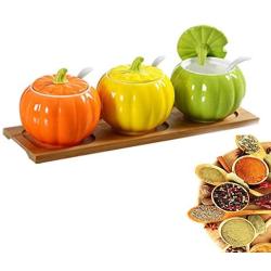 MAI&BAO Spice Jar Seasoning Bottle Box Jar Ceramic Condiment Storage Container for Storing Pepper Cumin Powder Salt Sugar Pepper Set of 3 Ceramic Condiment Pumpkin Shape