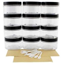 Slime Jars With Lids - 4oz Clear Plastic Jars with Labels & Spatulas & Lids (12-Pack); Straight Sided PET Low Profile BPA-Free Containers Great for Cosmetics, Kitchen, Gifts & Travel (12-Pack, Clear)