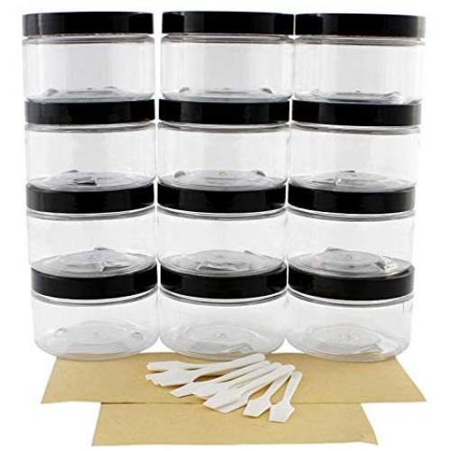 Slime Jars With Lids - 4oz Clear Plastic Jars with Labels & Spatulas & Lids (12-Pack); Straight Sided PET Low Profile BPA-Free Containers Great for Cosmetics, Kitchen, Gifts & Travel (12-Pack, Clear)