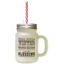 Brown Winter Woolen Mittens Toasted Pecans Frosted Glass Mason Jar With Straw