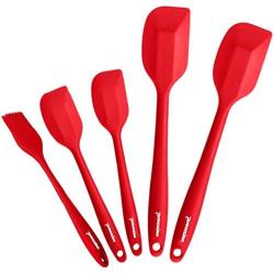 Set of 4 Premium Silicone Spatulas and 1 Silicone Brush Bundle Hygienic One Piece Solid Silicone Design in Red 100% Food Grade Safe