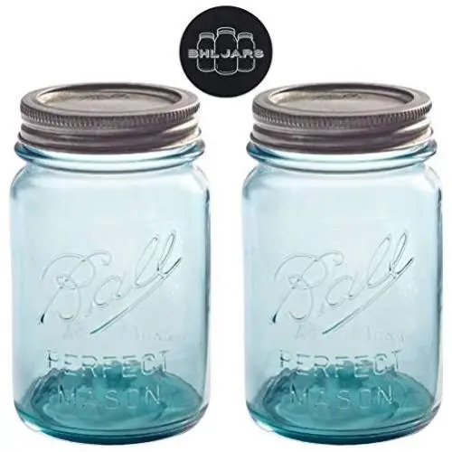 Ball Mason Jars 16 oz Regular Mouth Turquoise Colored Glass Bundle with Non Slip Jar Opener- Set of 2 Pint Size Mason Jars - Canning Glass Jars with Lids