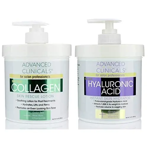 Advanced Clinicals Collagen Cream & Hyaluronic Acid Cream Set. Collagen Rescue Lotion Restores Sagging Skin & Dry Skin. Hyaluronic Acid Anti Aging Cream Hydrates & Moisturizes Dry Skin. Two 16oz Jars.