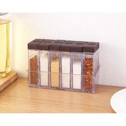 YALONG Condiment Pots Seasoning Box, 6 Pieces Clear Seasoning Storage Containers with Small Holes for Spice Salt Sugar Cruet Essence Condiment Jars Storage Container Spice Racks with Tray Brown Color