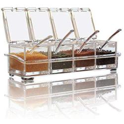 V-Resourcing Clear Seasoning Box, 4 Pieces Clear Seasoning Storage Container for Spice Salt Sugar Cruet,Condiment Jars with Spoons