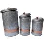 Benjara, Gray Galvanized Metal Lidded Canister with Copper Band, Set of Three