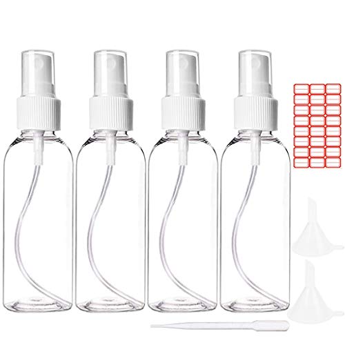 Spray Bottles, 4 Pack 4oz/100ml Clear Empty Plastic Travel Fine Mist Sprayer Bottle, Refillable and Portable Container for Essential Oil and Perfume - include 2pcs Funnels and 24pcs Labels