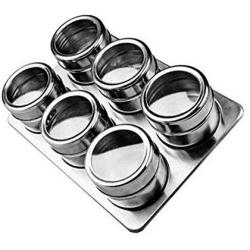 Dj siphraya Magnetic Spice Storage Container Jar Tins With Rack Holder Stainless Steel Silver Base Size 6.18X9.05 Inch Set Of 14 See Through Lids With Sifting Holes Rack Mounts Easily To Wall