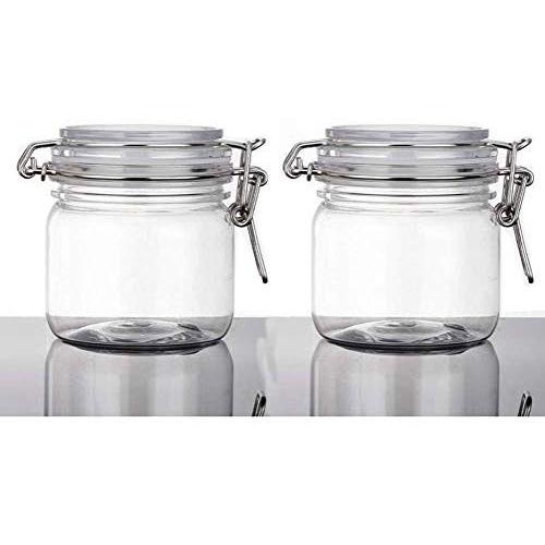 2Pcs 10 Oz/300ml Clear Round Plastic Home Kitchen Storage Sealed Jar Bottles with Leak Proof Rubber and Hinged Lid for Herbs, Spices, Candy, Gift, Arts and Crafts Storage Multi-purpose Container