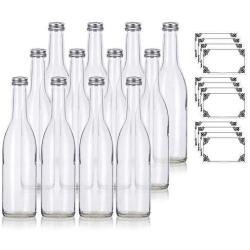 12 oz Clear Glass Vintage Bottle with Silver Aluminum Cap (12 pack) + Labels for Sauce, Dressings, Syrup, and Marinades