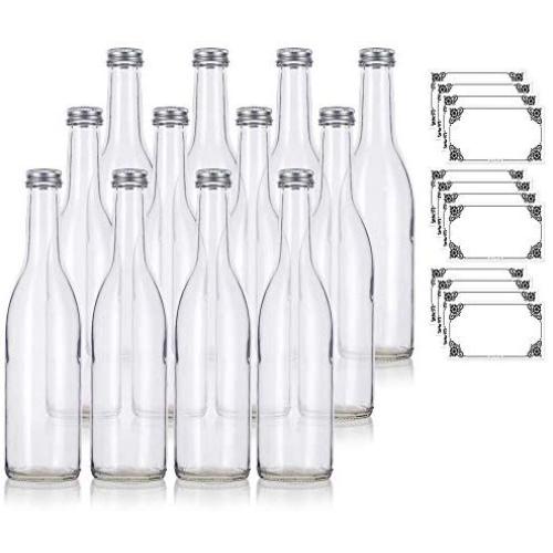 12 oz Clear Glass Vintage Bottle with Silver Aluminum Cap (12 pack) + Labels for Sauce, Dressings, Syrup, and Marinades